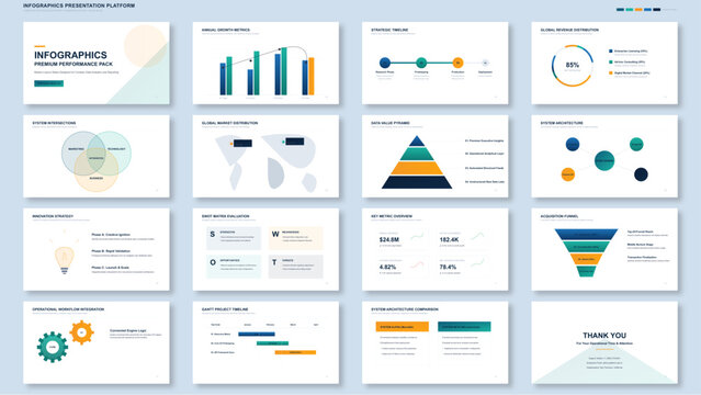Business infographic templates in clean modern design with colorful charts and graphs in bright office lighting for presentation