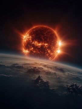 Stunning cosmic view of a massive burning sun rising over the horizon of a planet with detailed clouds and atmosphere in deep space with solar flares and light.