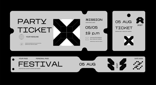 Modern event ticket template collection featuring bold geometric shapes, minimalist typography, and clean editorial layouts. Contemporary admission pass set for festivals, concerts, parties.