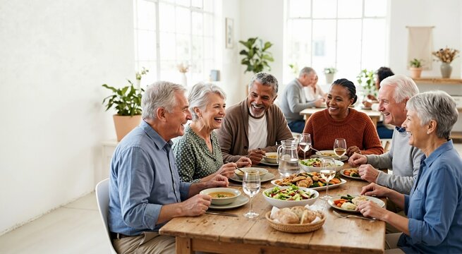 Diverse group of senior friends sharing a meal at a table. Happy elderly people eating together indoors