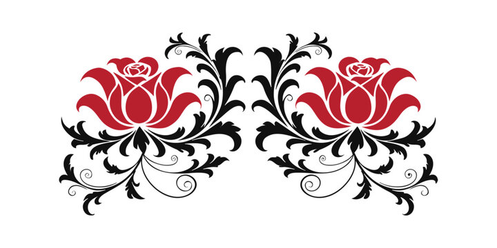 Symmetrical Red Rose Ornament with Black Vintage Filigree Vector