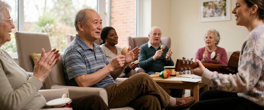 Group of seniors participating in music therapy. Elderly people playing percussion instruments in a community center