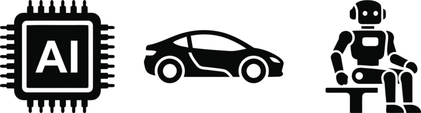 Artificial intelligence autonomous vehicle and robotics icon set black and white