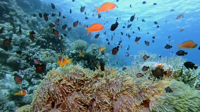 Vibrant Orange Tropical Fish Swarm Over Coral Reef
