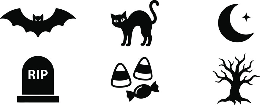 Halloween icon set bats cats tombstones and spooky treats