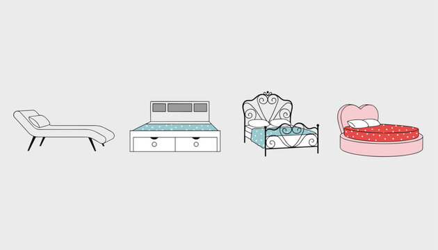 Different types of beds including chaise lounge, double bed with drawers, wrought iron bed, and round pink bed.