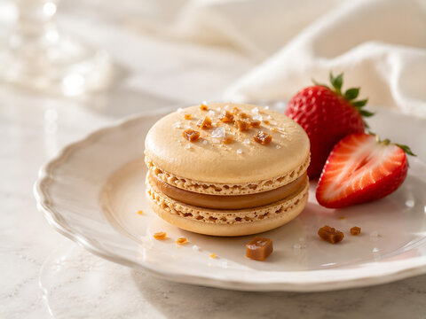 Elegant Salted Caramel Macaron on White Ceramic Plate, 화이트 세라믹 접시 위 프리미엄 솔티드 캐러멜 마카롱
