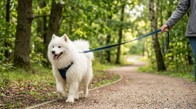 Fluffy white Samoyed dog walking on a leash in a green forest. Happy pet canine on a dirt path with owner. Active outdoor lifestyle with domestic animal