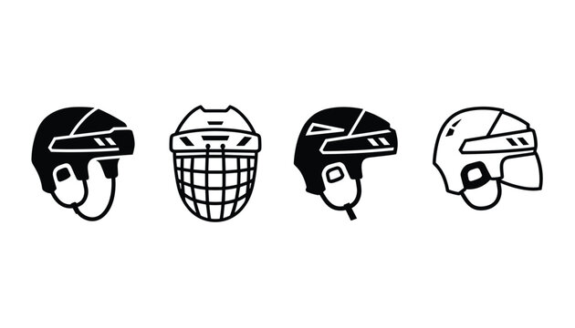 Ice hockey protective helmets showing different design configurations and wire cage face masks in simple line art.