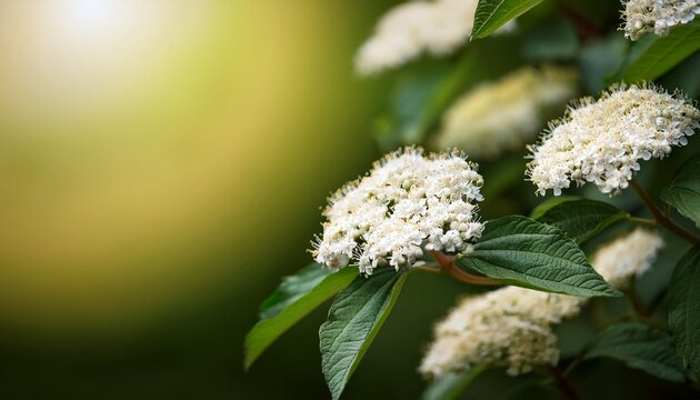 close up of blooming flowers leatherleaf viburnum viburnum rhytidophyllum alleghany with clusters of small white blossoms and broad green leaves in natural light