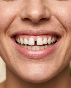 Smiling mouth of a person with a prominent midline diastema.
