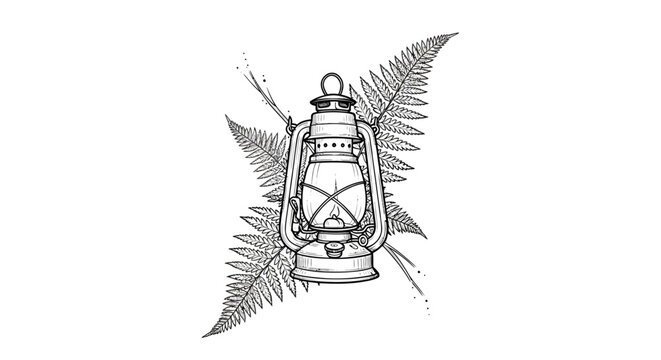Kerosene Lamp and Fern Leaves Line Art Illustration