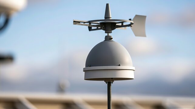 Precision anemometer on weather rooftop, metal instrument in blue sky natural light, commercial meteorological stock