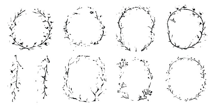 Set of rustic floral wreath frames with distressed botanical branches and grunge texture vector illustration background.