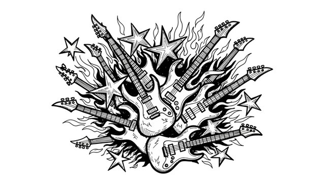 Dynamic rock music illustration with flaming guitars and stars