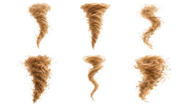 Six isolated brown dust devils and sand tornadoes on a transparent background, showing varied swirling funnels, motion and scattered sand particles