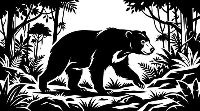 A sun bear walks through dense tropical forest with trees and plants.
