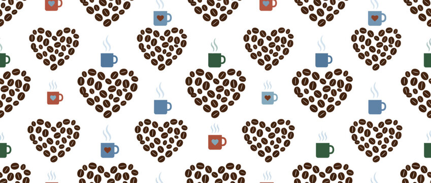 Heart Coffee Beans Pattern Seamless Background with Steaming Cups