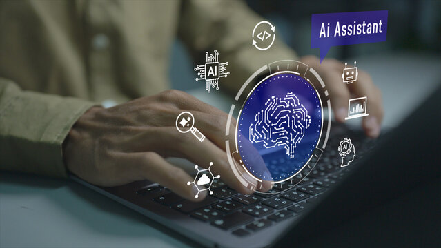 AI assistant with LLM concept. Person using laptop with artificial intelligence and language model icons, intelligent virtual assistant, natural language processing and productivity enhancement.