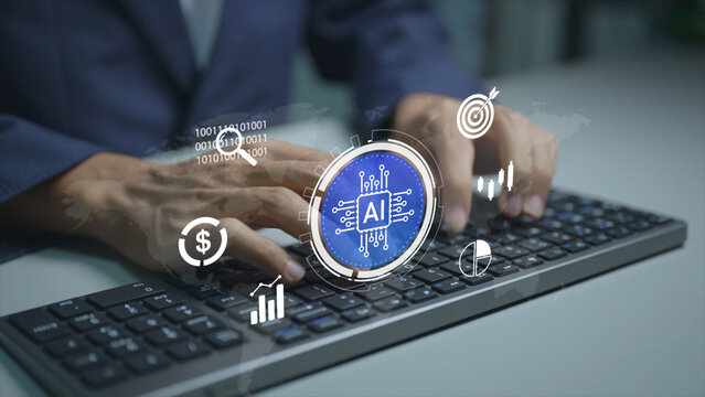 Business insights and AI powered data analysis. Person typing keyboard with artificial intelligence and analytics icons, business intelligence, predictive analytics and data driven decision making.