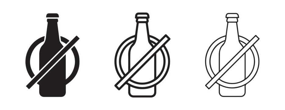 No drinking alcohol signs with bottles and prohibited symbols in black and white on white background