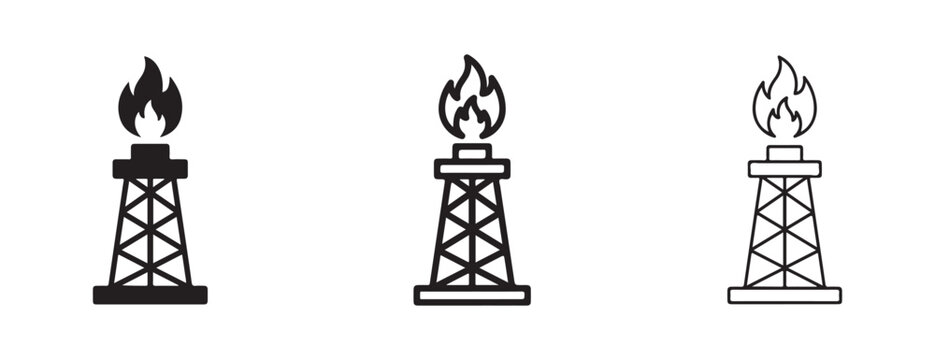 Oil rigs with flames on top in black and white line art style for graphic design elements  industrial icons