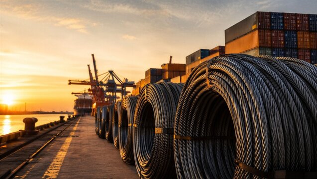 Steel cable coils stacked on industrial port dock at sunset. Heavy wire rope for shipping crane lifting and logistic construction supply. Metal material for offshore infrastructure.