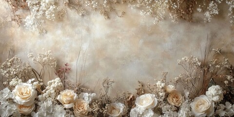 Obraz premium Elegant Neutral Floral Frame Isolated on Textured Background with Dried Grass And Autumn Flowers.