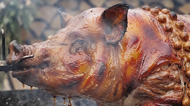 Whole roasted pig on rotisserie spit over open fire.