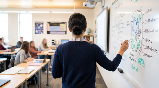 A teacher is demonstrating a science lesson on a whiteboard to her students. The students are sitting at their desks and attentively listening to the teacher's explanation