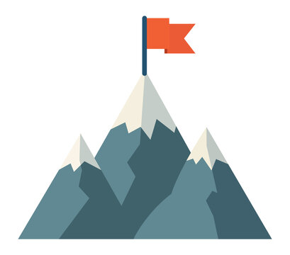 Mountain peak with red flag icon. Vector flat illustration of mountains