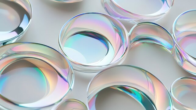 Abstract photo of many soap bubbles with rainbow reflections. Bubbles float on gray background. Holographic colors create dreamy, magical effect. Pastel colours vibrant, create surreal pattern.
