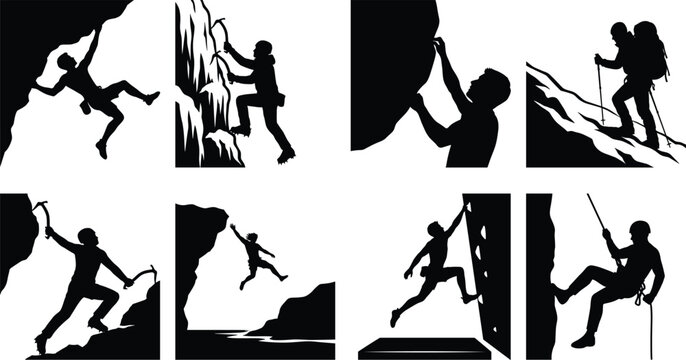 Rock climbing and mountaineering silhouette icons set representing extreme sports outdoor adventure and indoor bouldering isolated on white background