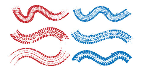 Red and blue wavy grunge tire tracks dirt marks winding trail graphic design vector illustration. © Artful