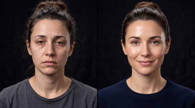 Tired vs Healthy Woman Before After Beauty Transf.