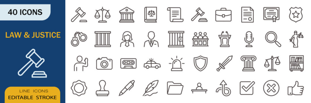 Law and justice icon set in line style. Court, legal, attorney, judiciary, evidence, security, litigation, governance. Collection. Editable stroke. Vector illustration.