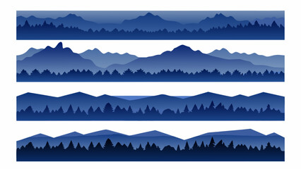 Four horizontal bands depicting blue mountain range silhouettes with coniferous forest layers azure blue toned contour crest dark blue © ChampaRani