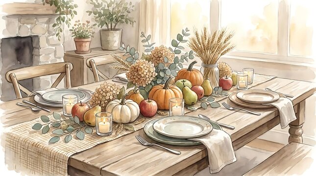 Autumn harvest table setting with pumpkins gourds and fruit centerpiece