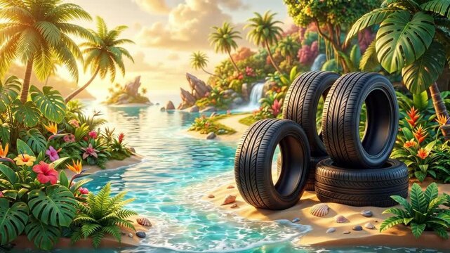 Stacked car tires on tropical beach at sunset. Lush palm trees flowers and waterfall surround turquoise lagoon. Surreal paradise nature concept with environmental contrast for travel illustration