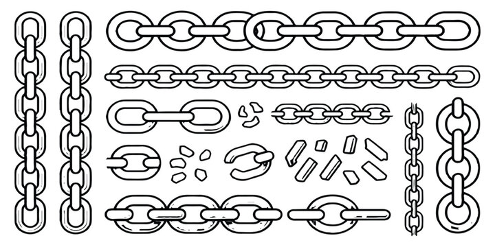 Set of hand drawn black chain links unbroken and broken metal chains doodle style vector illustration.