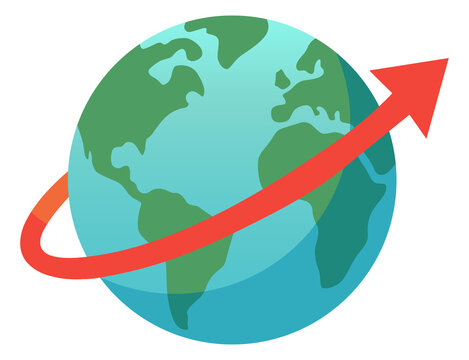 Planet earth globe with arrow icon. Flat illustration.