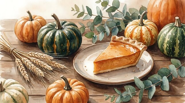 Autumn harvest pumpkin pie slice and gourds