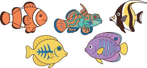 Colorful tropical coral reef fish collection vector illustration featuring cute sea creatures like angelfish pufferfish mandarin fish for marine life design © Mirja