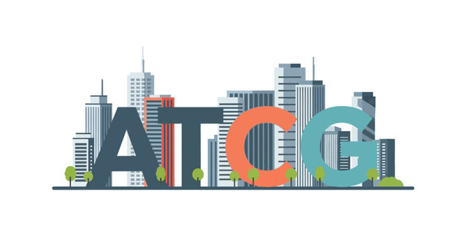 ATCG DNA Nucleotide Bases with Urban City Skyline Illustration, Biotechnology and Genetics in Modern Society Concept