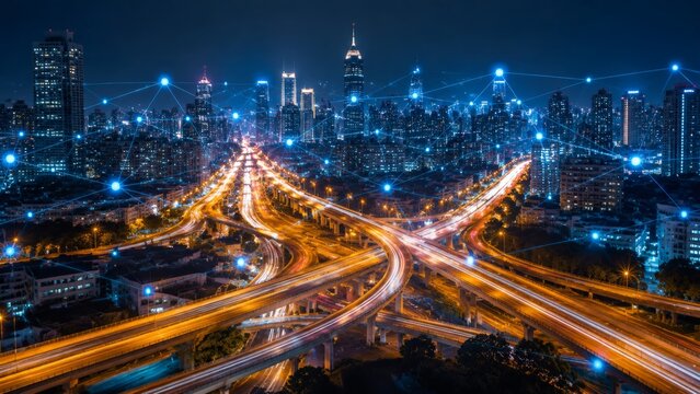 An intricate multi-level highway interchange at night, showing heavy traffic motion blur linked by an abstract digital data network grid