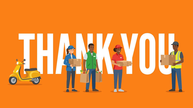 Delivery team members express gratitude with thank you message beside scooter