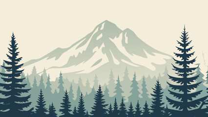 Stylized Illustration Of A Mountain Range With Evergreen Trees Against A Pale Background alpine aspen backdrop birch © ChampaRani