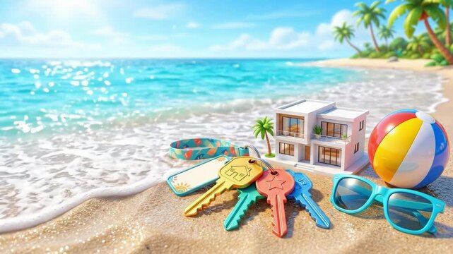 Miniature modern house model with colorful keys sunglasses and beach ball on tropical sandy shore near ocean waves and palm trees. Beachfront vacation home ownership concept for real estate