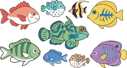 Colorful tropical coral reef fish collection vector illustration featuring cute sea creatures like angelfish pufferfish mandarin fish for marine life design © Mirja