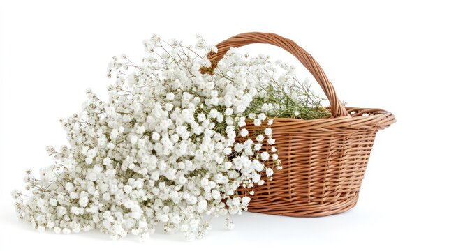 Vintage wicker basket overflows with cascade of fluffy white gypsophila flowers. Flowers spill gracefully from basket creating cloud of blossoms. Isolated arrangement on white background freshness,